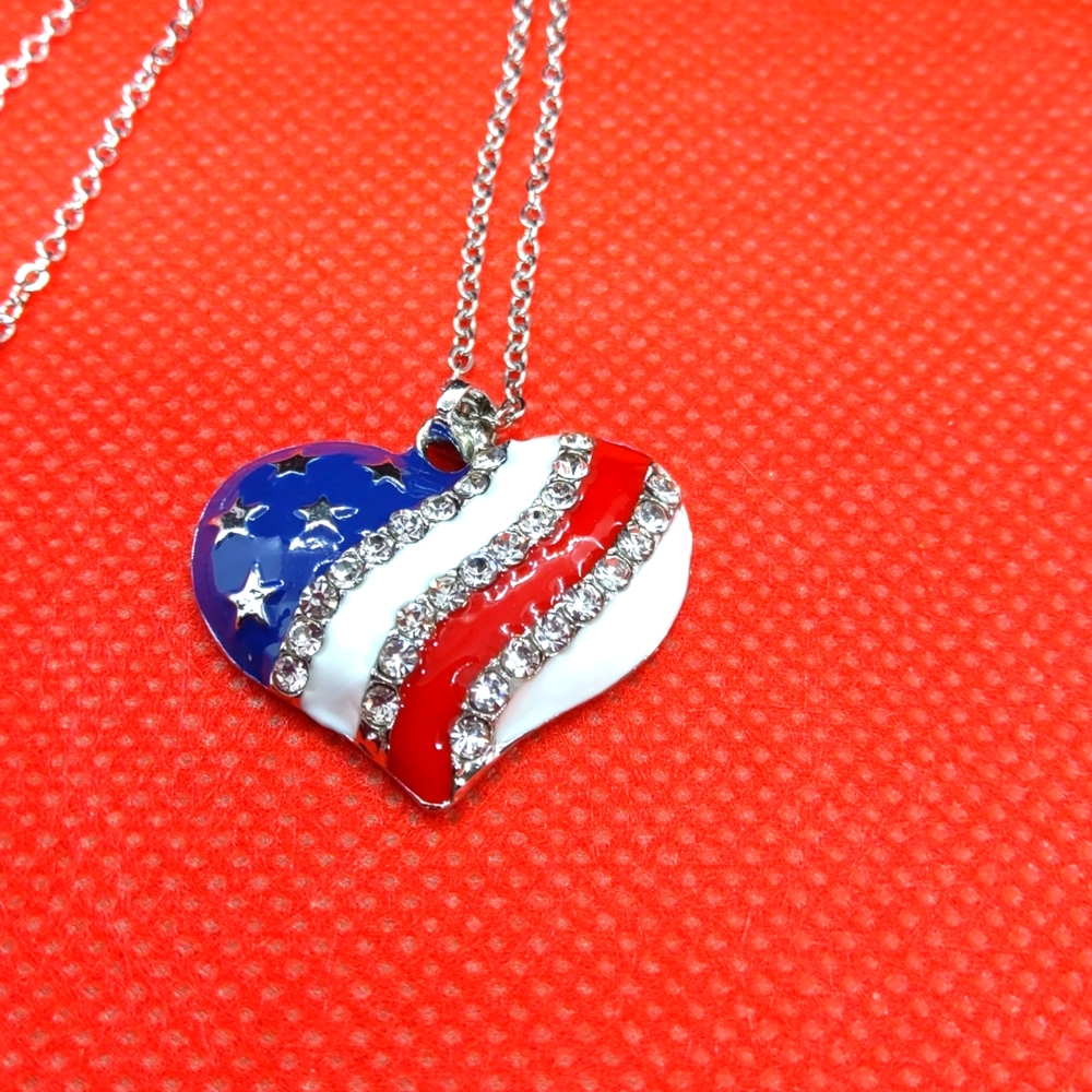 White Austrian Crystal Enameled Flag Heart Pendant (20 inch)